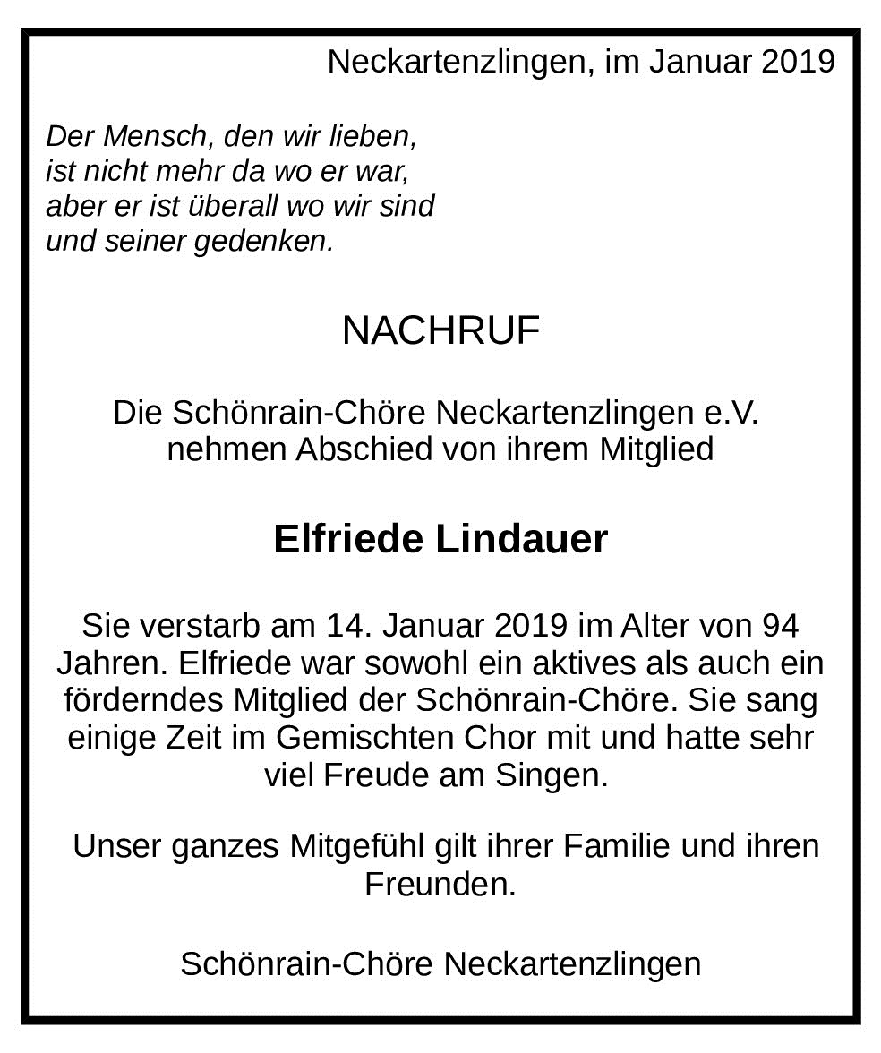 Nachruf Elfriede Lindauer