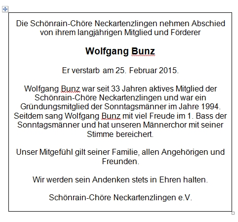 Nachruf Wolfgang Bunz